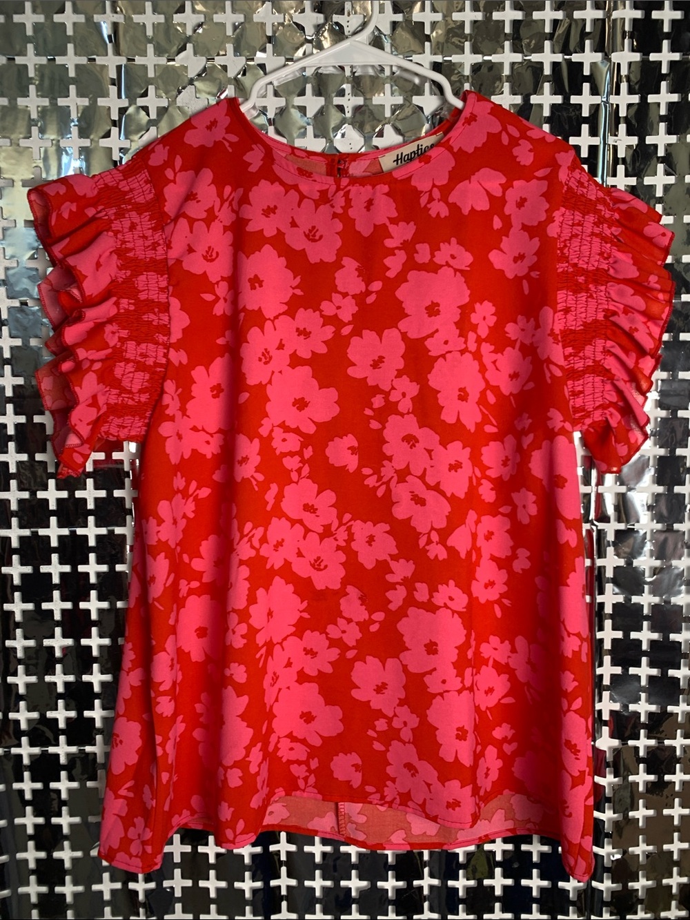 Haptics Red Floral Blouse with Pink Print and Ruffle Sleeves